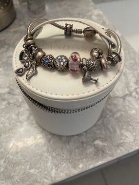 Pandora Silver Bracelet with Pink Heart Murano & Mixed Charms